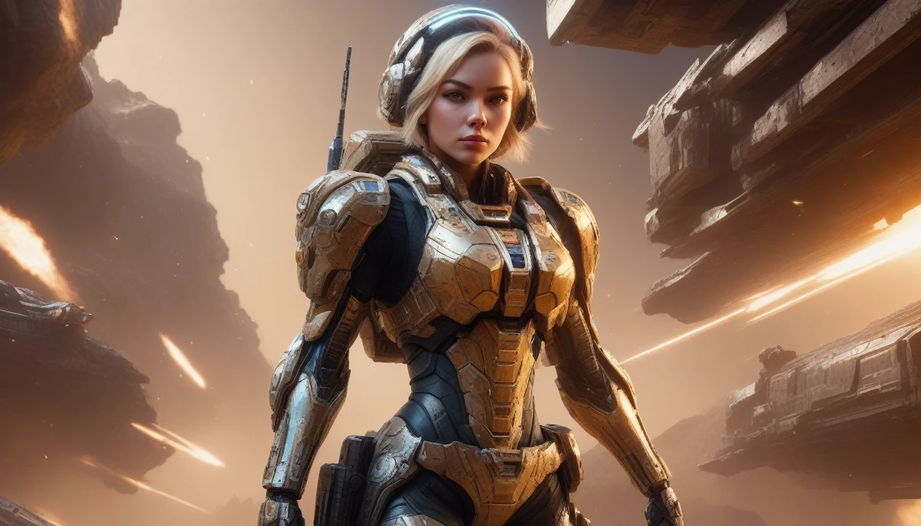 a female mech warrior in battle on a moon in space, full body shot, action shot, a tough and beautiful female mech warrior, short blond hair, dynamic eye color, intent gaze, ultra detailed face, best detailed face, she wears mech armor, and massive sci-fi gun, in battle, outer space background, stars, vibrant, Ultra-high resolution, High Contrast, (masterpiece:1.5), highest quality, Best aesthetics), best details, best quality, highres, (ultra wide angle: 1.2), 16k, ultra detailed, masterpiece, best quality, (extremely detailed), Mechanical Creatures, assault rifle