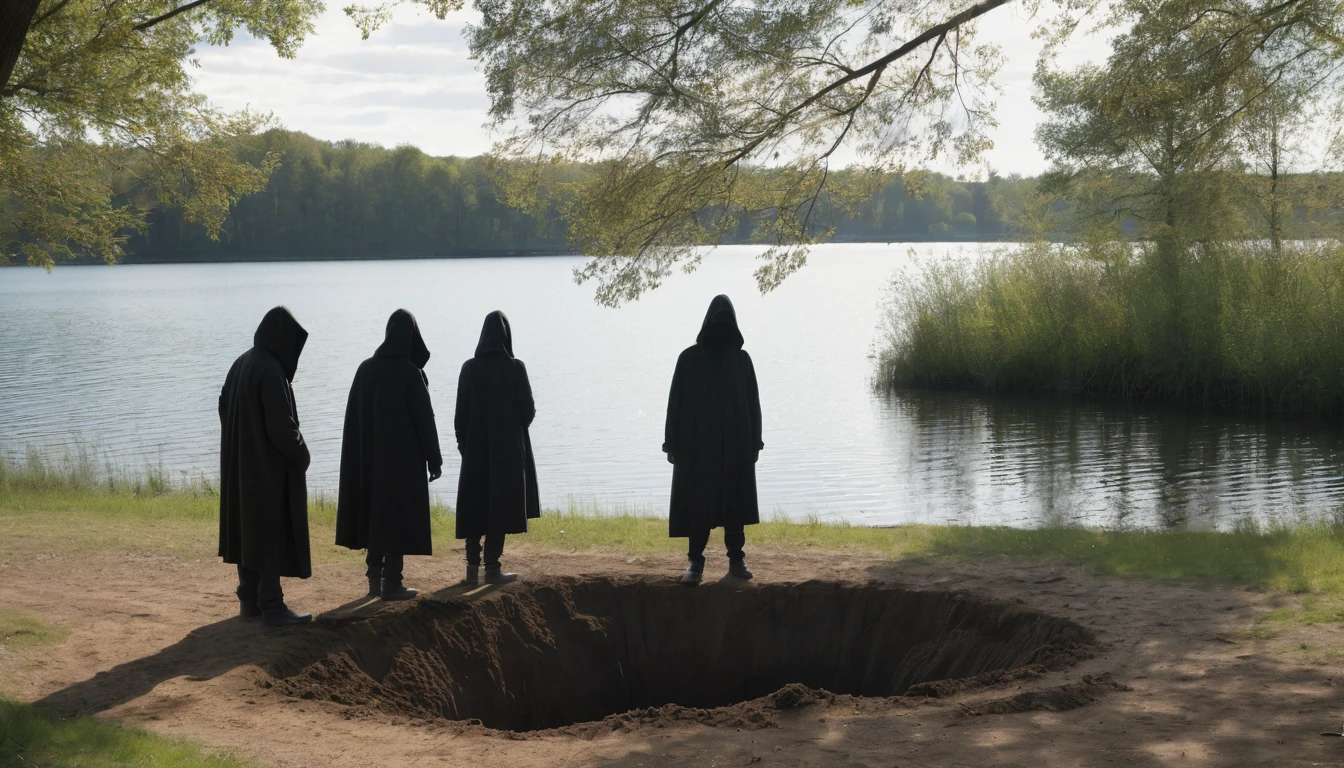 "Three figures dressed in dark clothes with hoods covering their faces, standing by the lake's edge. They appear to be digging a hole on the shore. The image is captured from a distance, with the figures partially obscured by the shadows of the surrounding trees."