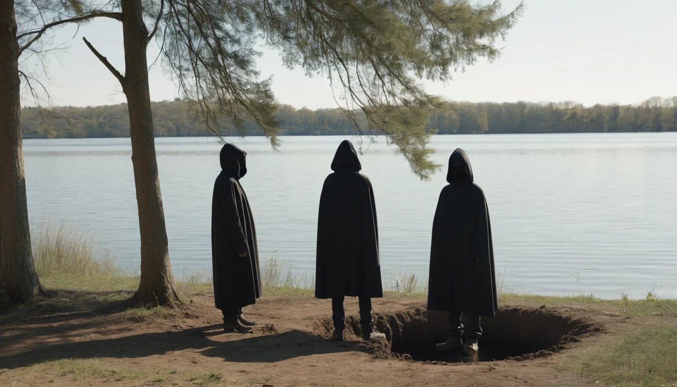 "Three figures dressed in dark clothes with hoods covering their faces, standing by the lake's edge. They appear to be digging a hole on the shore. The image is captured from a distance, with the figures partially obscured by the shadows of the surrounding trees."