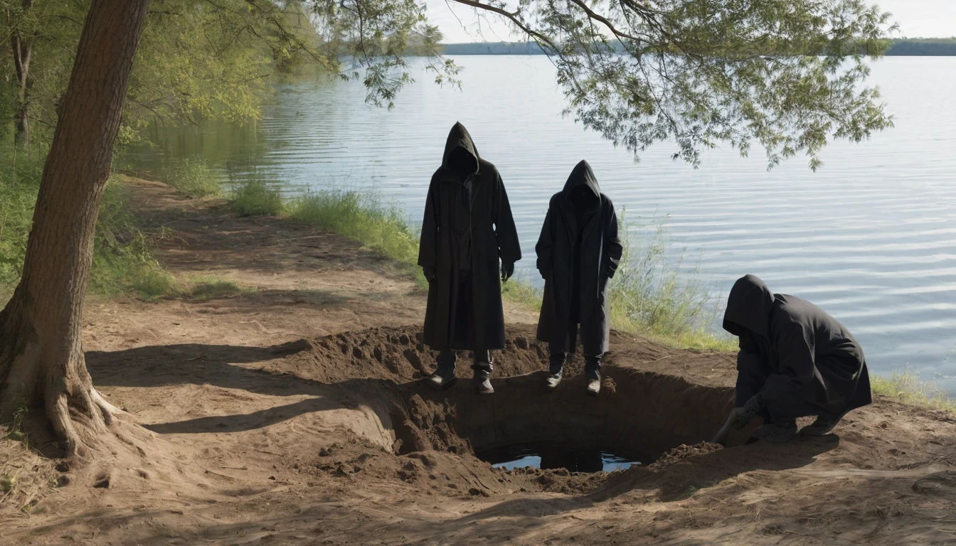"Three figures dressed in dark clothes with hoods covering their faces, standing by the lake's edge. They appear to be digging a hole on the shore. The image is captured from a distance, with the figures partially obscured by the shadows of the surrounding trees."