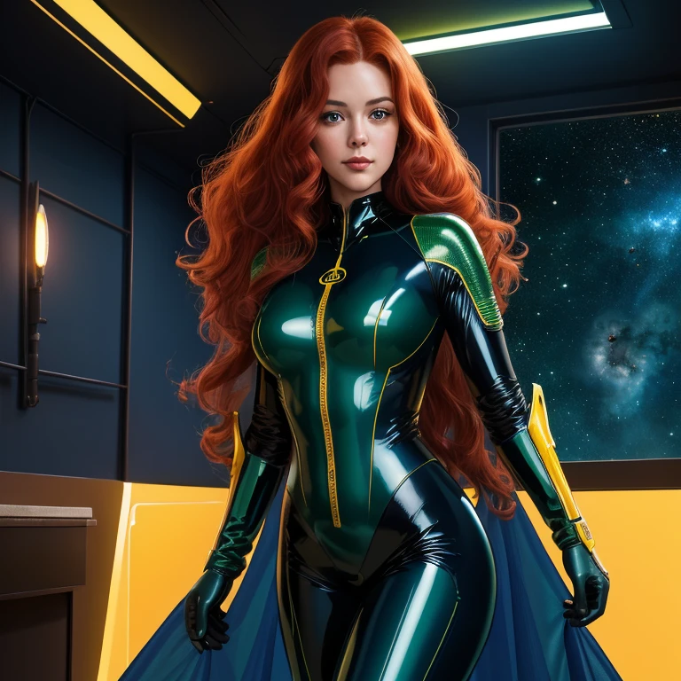 Best quality, 4K, american comics art style, vintage space beautiful woman,long curly red hair,looking to observer,shy smile,(((detailed sci-fi armor over dark blue and yellow and dark green sheer tight latex suit))),large armlets,high tech military tactical belt,in the hallway of a spaceship scenario, ponto de vista de baixo para cima, dramatic lights
