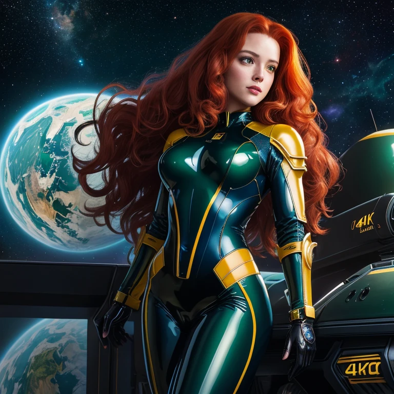 Best quality, 4K, american comics art style, vintage space beautiful woman,long curly red hair,looking to observer,shy smile,(((detailed sci-fi armor over dark blue and yellow and dark green sheer tight latex suit))),large armlets,high tech military tactical belt,in the hallway of a spaceship scenario, ponto de vista de baixo para cima, dramatic lights
