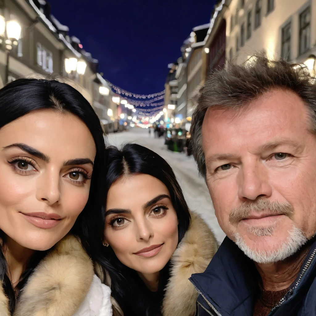 Ayslinn Derbez is 25 years old and Lothar matthäus is 35 years old, she have long hair, they are in Oslo, they are wearing winter clothes, romantic, they are posing romantic, nigh, they are woth their little daughter