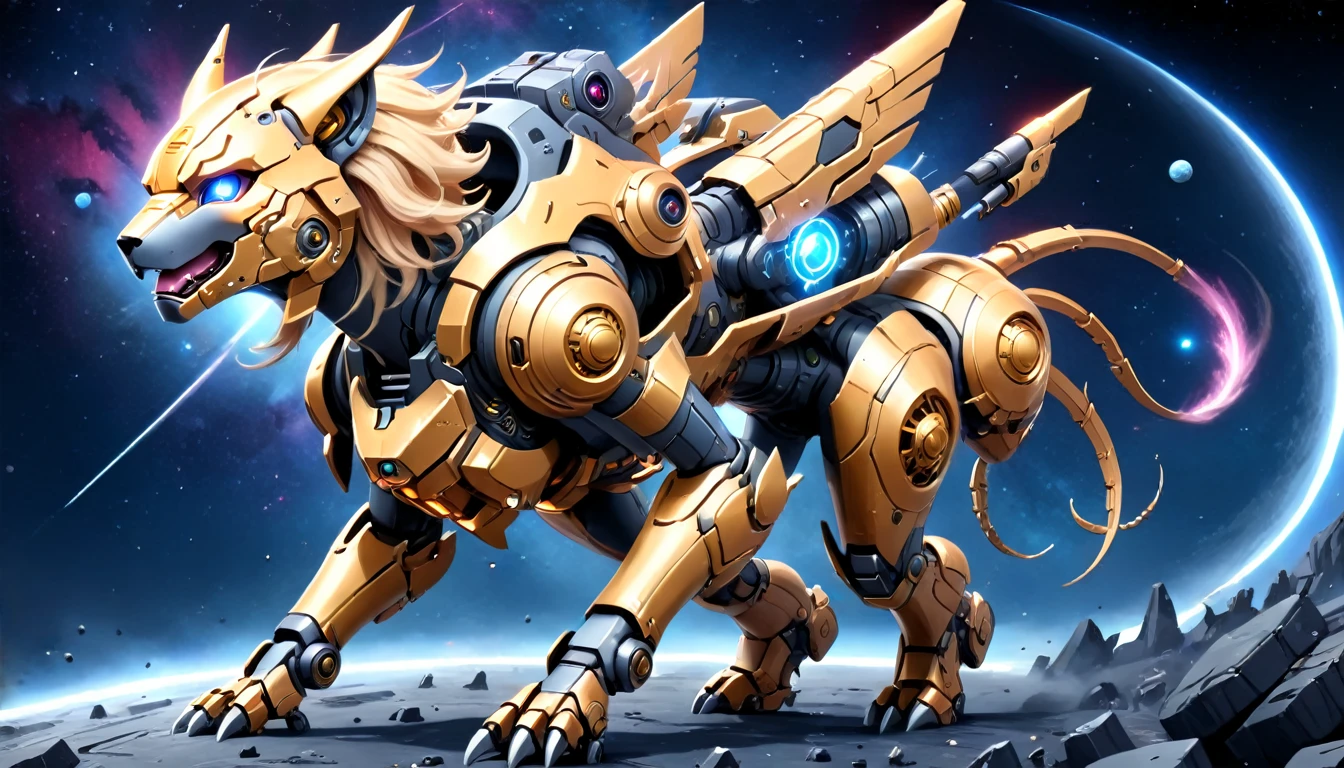 a human female mech warrior in battle on a moon in space, full body shot, action shot, a tough and beautiful female mech warrior, short blond hair, dynamic eye color, intent gaze, ultra detailed face, best detailed face, she wears mech armor, and massive sci-fi gun, in battle, outer space background, stars, vibrant, Ultra-high resolution, High Contrast, (masterpiece:1.5), highest quality, Best aesthetics), best details, best quality, highres, (ultra wide angle: 1.2), 16k, ultra detailed, masterpiece, best quality, (extremely detailed),aetherpunkai, Mechanical Creatures, 