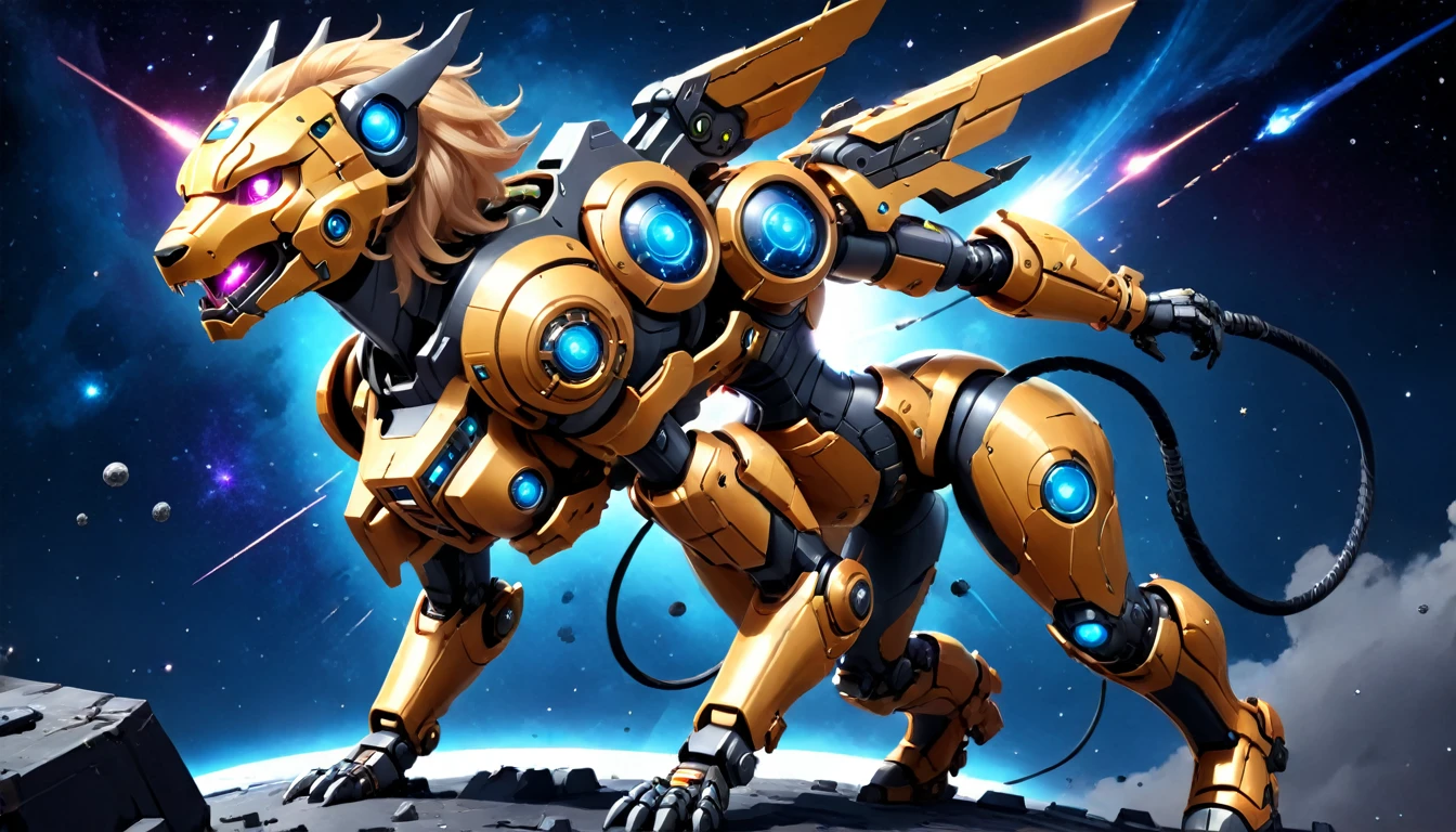 a human female mech warrior in battle on a moon in space, full body shot, action shot, a tough and beautiful female mech warrior, short blond hair, dynamic eye color, intent gaze, ultra detailed face, best detailed face, she wears mech armor, and massive sci-fi gun, in battle, outer space background, stars, vibrant, Ultra-high resolution, High Contrast, (masterpiece:1.5), highest quality, Best aesthetics), best details, best quality, highres, (ultra wide angle: 1.2), 16k, ultra detailed, masterpiece, best quality, (extremely detailed),aetherpunkai, Mechanical Creatures, 