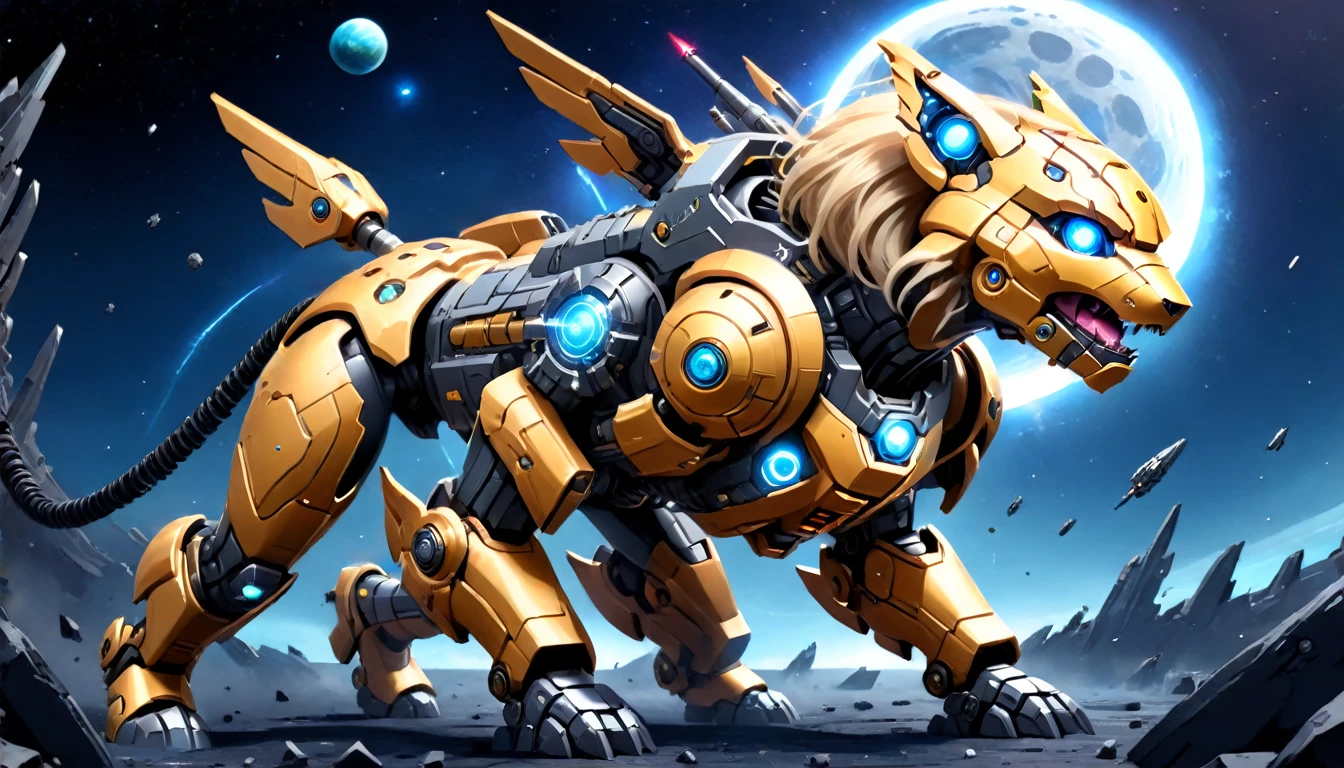 a human female mech warrior in battle on a moon in space, full body shot, action shot, a tough and beautiful female mech warrior, short blond hair, dynamic eye color, intent gaze, ultra detailed face, best detailed face, she wears mech armor, and massive sci-fi gun, in battle, outer space background, stars, vibrant, Ultra-high resolution, High Contrast, (masterpiece:1.5), highest quality, Best aesthetics), best details, best quality, highres, (ultra wide angle: 1.2), 16k, ultra detailed, masterpiece, best quality, (extremely detailed),aetherpunkai, Mechanical Creatures, 