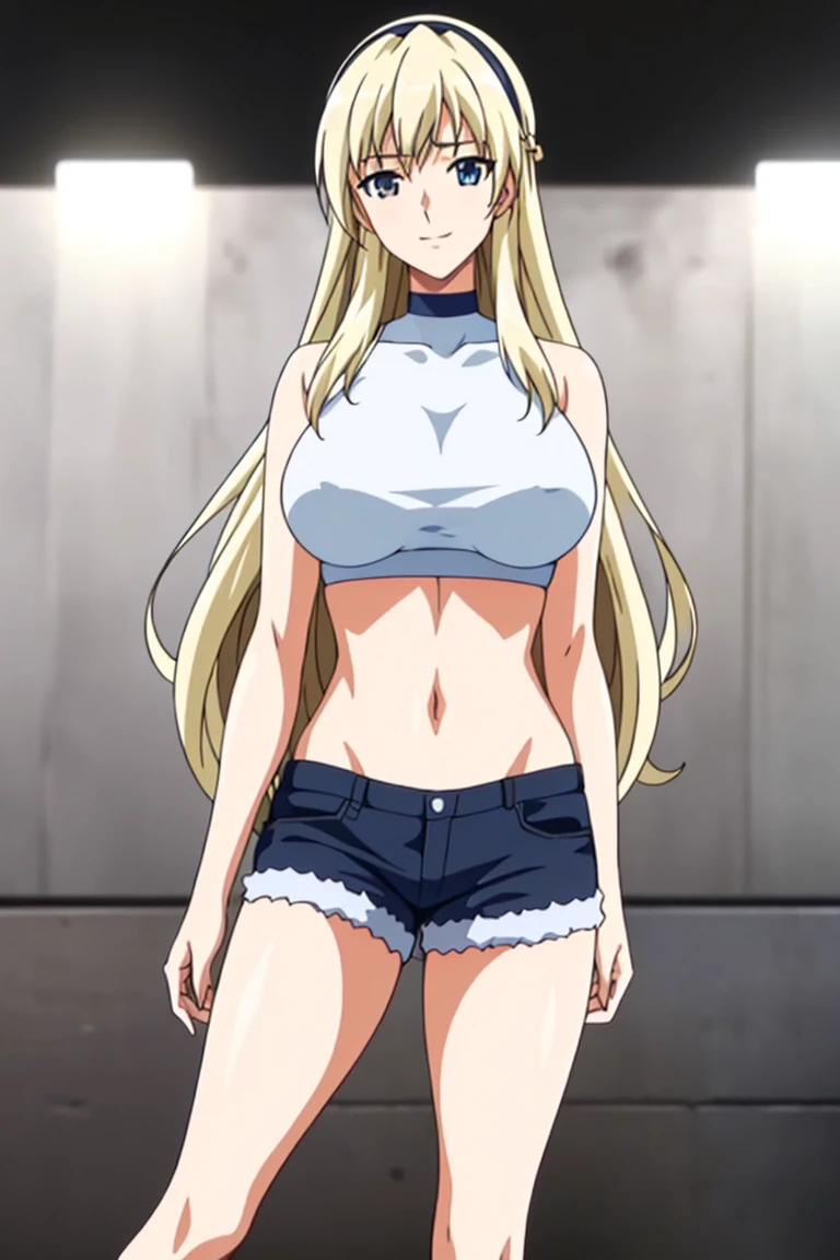 Simple White Background,
navel,halterneck,crop top,bare shoulders,
bangs,blonde hair,hair between eyes, hairband, long hair,Blue_Eyes,
1 girl, 20yo,Young female,Beautiful Finger,Beautiful long legs,Beautiful body,Beautiful Nose,Beautiful character design, perfect eyes, perfect face,expressive eyes,perfect balance,
looking at viewer,(Focus on her face),closed mouth, (innocent_big_eyes:1.0),Light_Smile,
official art,extremely detailed CG unity 8k wallpaper, perfect lighting,Colorful, Bright_Front_face_Lighting,shiny skin,
(masterpiece:1.0),(best_quality:1.0), ultra high res,4K,ultra-detailed,
photography, 8K, HDR, highres, absurdres:1.2, Kodak portra 400, film grain, blurry background, bokeh:1.2, lens flare, (vibrant_color:1.2),professional photograph,
(Beautiful,large_Breasts:1.4), (beautiful_face:1.5),(narrow_waist), shorts, hands on waist