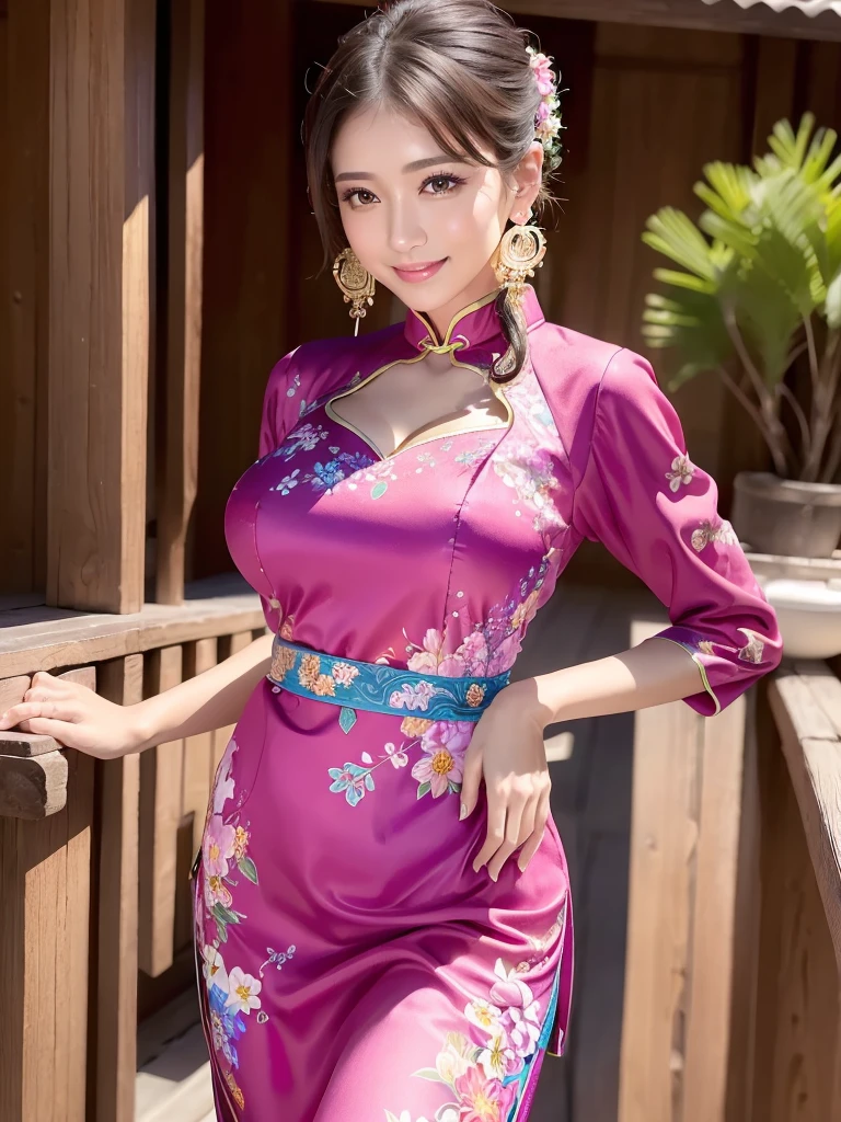 (masterpiece、highest quality、highest quality、official art、beautiful beautiful:1.2)、(1 girl:1.3)、smile gently、very detailed、(fractal art:1.1)、(Colorful:1.1)(Floral:1.3)、most detailed、(zentangle:1.2)、beautiful face、detailed face、perfect proportions、burst chest、huge breasts thin waist、belly button、big ass、gap between crotches、thick tight、(dynamic pose)、(abstract background:1.3)、(qipao dress:1.2)、(shiny skin)、(lots of colors:1.4)、、(earrings:1.4)、1 woman