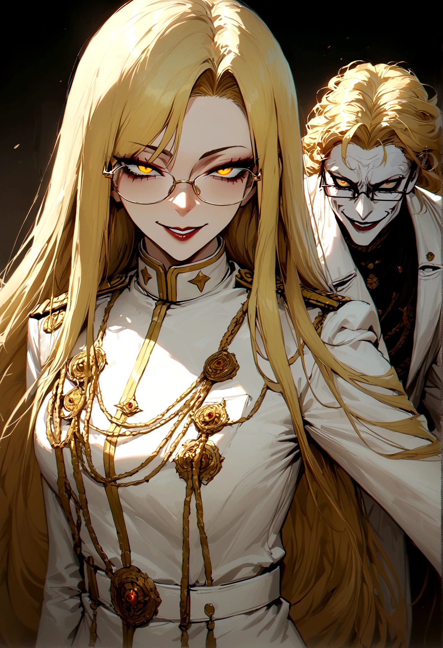 tall woman, volumptious boy, long blonde hair, glasses, seductive smile, evil smile, evil eyes, yellow eyes, white military uniform, white coat hanging on the shoulder, deepgrab
