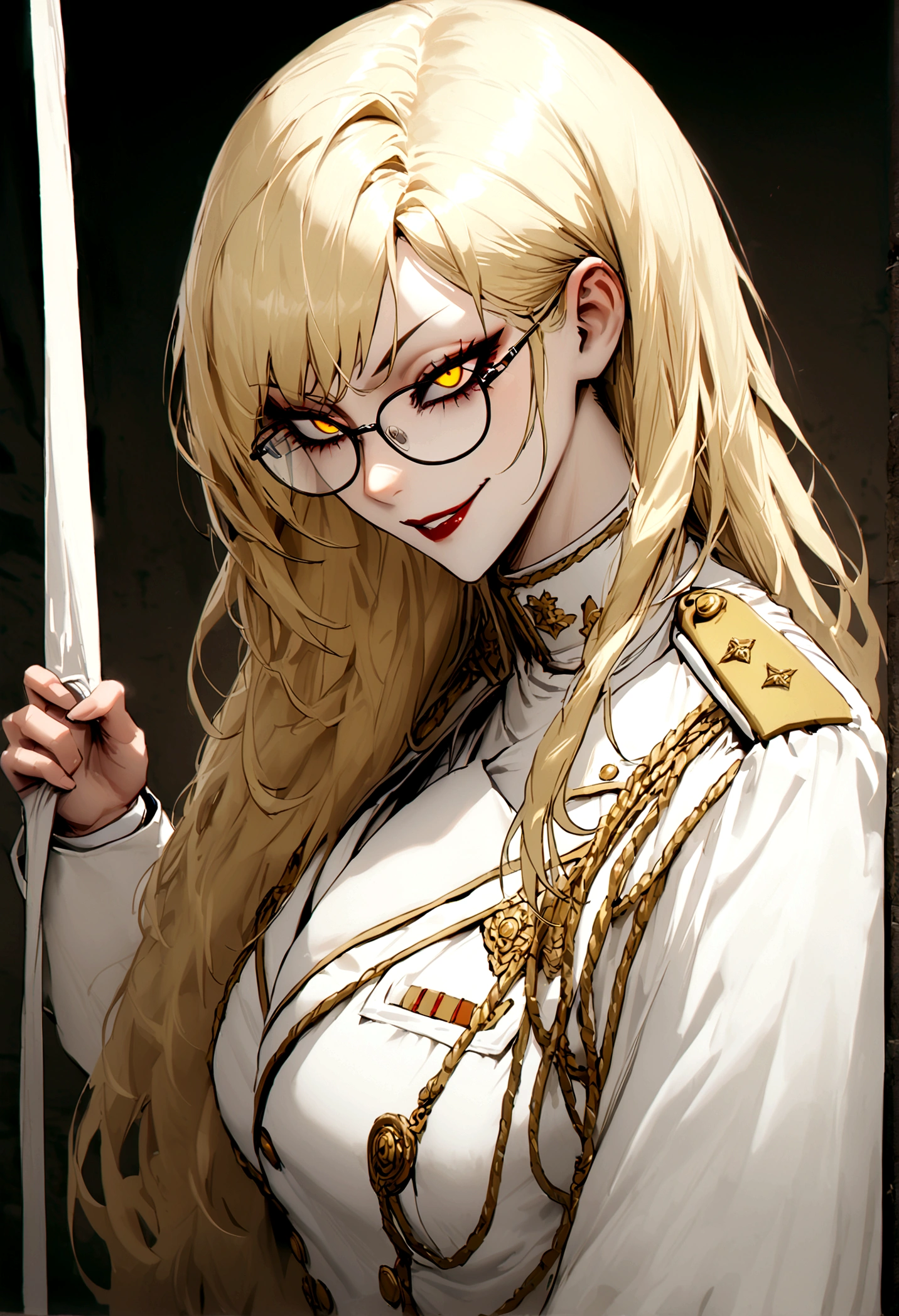 tall woman, volumptious boy, long blonde hair, glasses, seductive smile, evil smile, evil eyes, yellow eyes, white military uniform, white coat hanging on the shoulder, deepgrab