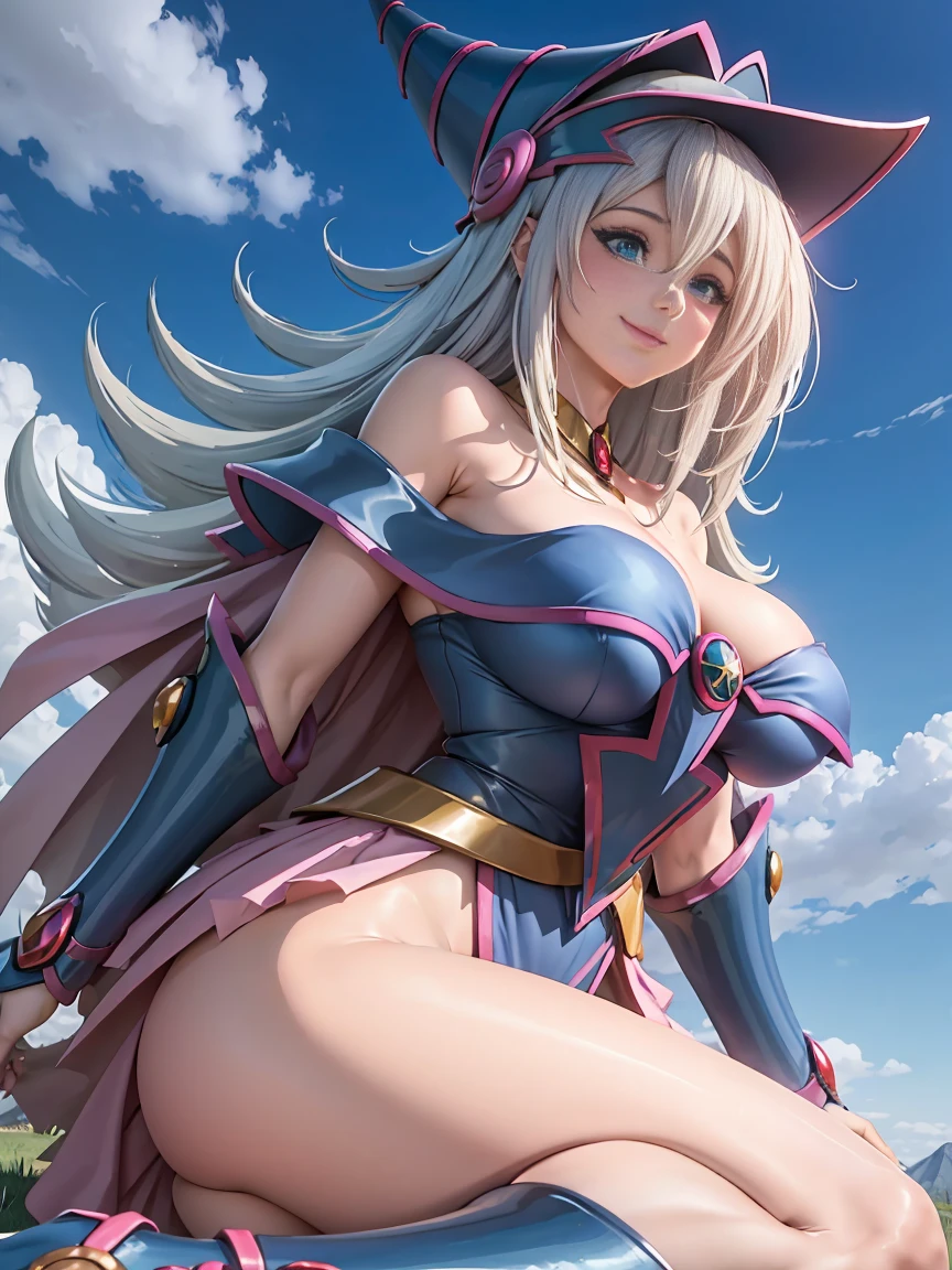 Ereshkigal in the fate series sitting on the grass under a tree looking at the sky looking at the mythical flying creatures in the fields with a beautiful mountainous landscape behind her from a distant view. smiling. coquette. happy. hot stop to see her entire body with big breasts and big hips