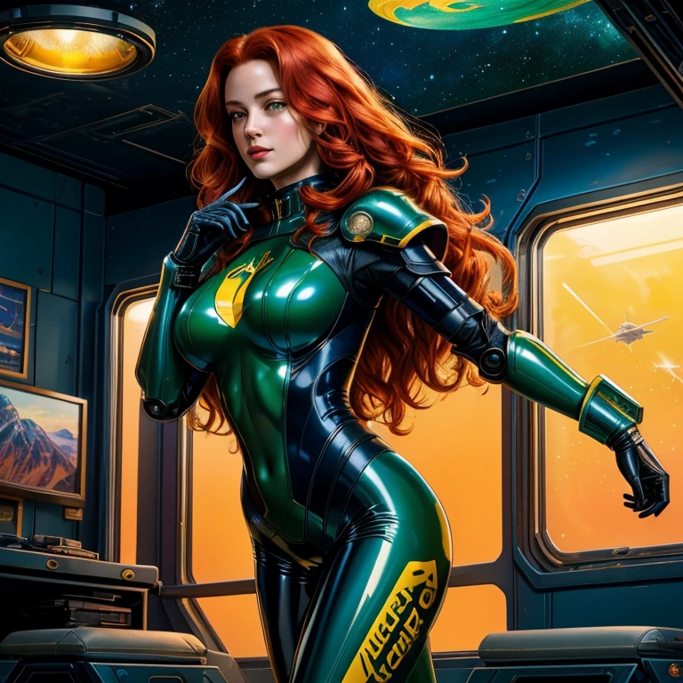 Best quality, 4K, american comics art style, vintage space beautiful woman,long curly red hair,looking to observer,shy smile,(((detailed sci-fi armor over dark blue and yellow and dark green sheer tight latex suit))),large armlets,high tech military tactical belt,in the hallway of a spaceship scenario, ponto de vista de baixo para cima, dramatic lights
