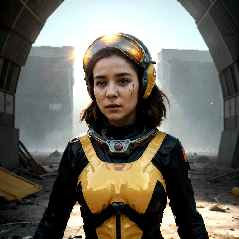 A captivating post-apocalyptic artwork by André Uhlisch featuring running man and running woman in otherworldly cosmonaut helmets and bright yellow rubber suits. a big burnig objekt is follow thair, surrounded by an array of vibrant planets and celestial bodies, each with unique colors and textures. The scene is imbued with a sense of hope, as the women embody the delicate balance between life's fragility and the unwavering spirit of hope. A striking light source illuminates the artwork, casting dramatic shadows and highlighting the vivid colors. The background showcases the destruction, while the women's presence symbolizes the resilience of life in the face of adversity.