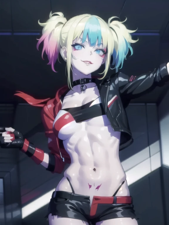harleyquinn, harley quinn, bangs, blue eyes, blonde hair, twintails, blue hair, multicolored hair, choker, gradient hair, makeup, piercing, pink hair, lips, lipstick, red lips, smile, grin,
BREAK thighhighs, gloves, navel, cleavage, jewelry, jacket, open clothes, shorts, black gloves, midriff, black thighhighs, fingerless gloves, collar, bracelet, open jacket, black jacket, crop top, torn clothes, short shorts, tattoo, chain, spikes, cropped jacket, spiked bracelet, spiked collar, micro shorts, multicolored jacket,
BREAK looking at viewer, full body,
BREAK outdoors,
BREAK (masterpiece:1.2), best quality, high resolution, unity 8k wallpaper, (illustration:0.8), (beautiful detailed eyes:1.6), extremely detailed face, perfect lighting, extremely detailed CG, (perfect hands, perfect anatomy),