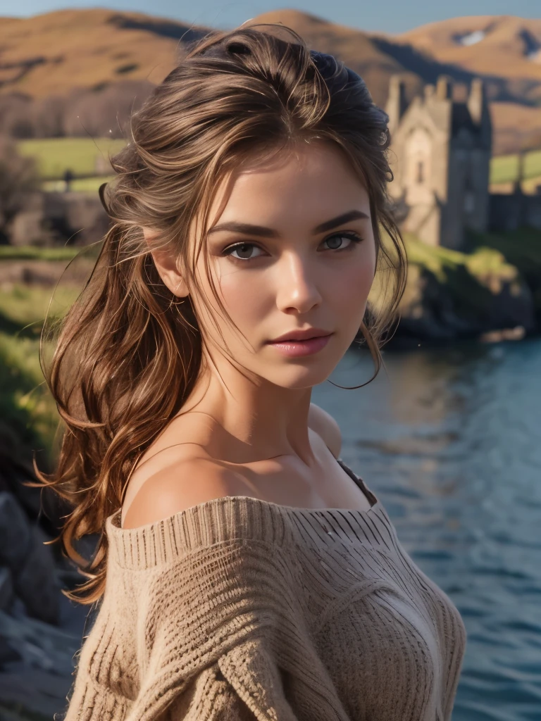 (High angle shot),(masterpiece . uhd. Photorealistic) Foreground: a gorgeous European light brunette woman, age 23, wet wavy hair in the wind. subtle smile and flirts with the camera, (she wears casual shirt with a long wool sweater and leggings:1.2),background landscape of Scotland Loch and Scottish castle ruins,  (in sunset light:1.2), perfect eyes, perfect hands, perfect body, perfect hair, perfect breast, hair behind ear, UHD, retina, masterpiece, accurate, anatomically correct, textured skin, super detail, high details, high quality, award winning, best quality, highres, 16k, 8k,