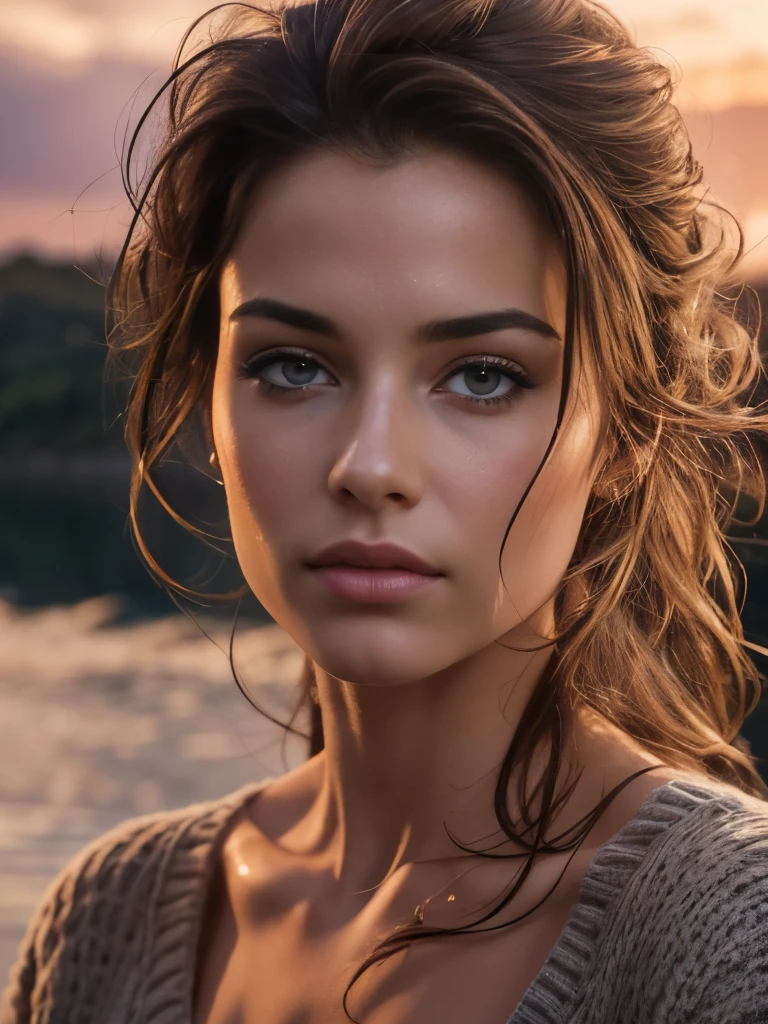 (High angle shot),(masterpiece . uhd. Photorealistic) Foreground: a gorgeous European light brunette woman, age 23, wet wavy hair in the wind. subtle smile and flirts with the camera, (she wears casual shirt with a long wool sweater and leggings:1.2),background landscape of Scotland Loch and Scottish castle ruins,  (in sunset light:1.2), perfect eyes, perfect hands, perfect body, perfect hair, perfect breast, hair behind ear, UHD, retina, masterpiece, accurate, anatomically correct, textured skin, super detail, high details, high quality, award winning, best quality, highres, 16k, 8k,