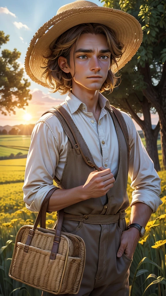 While working in his field, Thomas discovers a purse filled with gold coins. Thomas, with his weathered face and kind expression, is wearing his simple, traditional European farming clothes. He stands among the golden crops, holding the purse with a surprised and curious look on his face. The field stretches out behind him, and the sun is high in the sky, illuminating the scene with a bright, natural light. (good quality:1.2), (Ultradetailed:1.2), (ultradetailed face:1.2), (ultradetailed body:1.2)