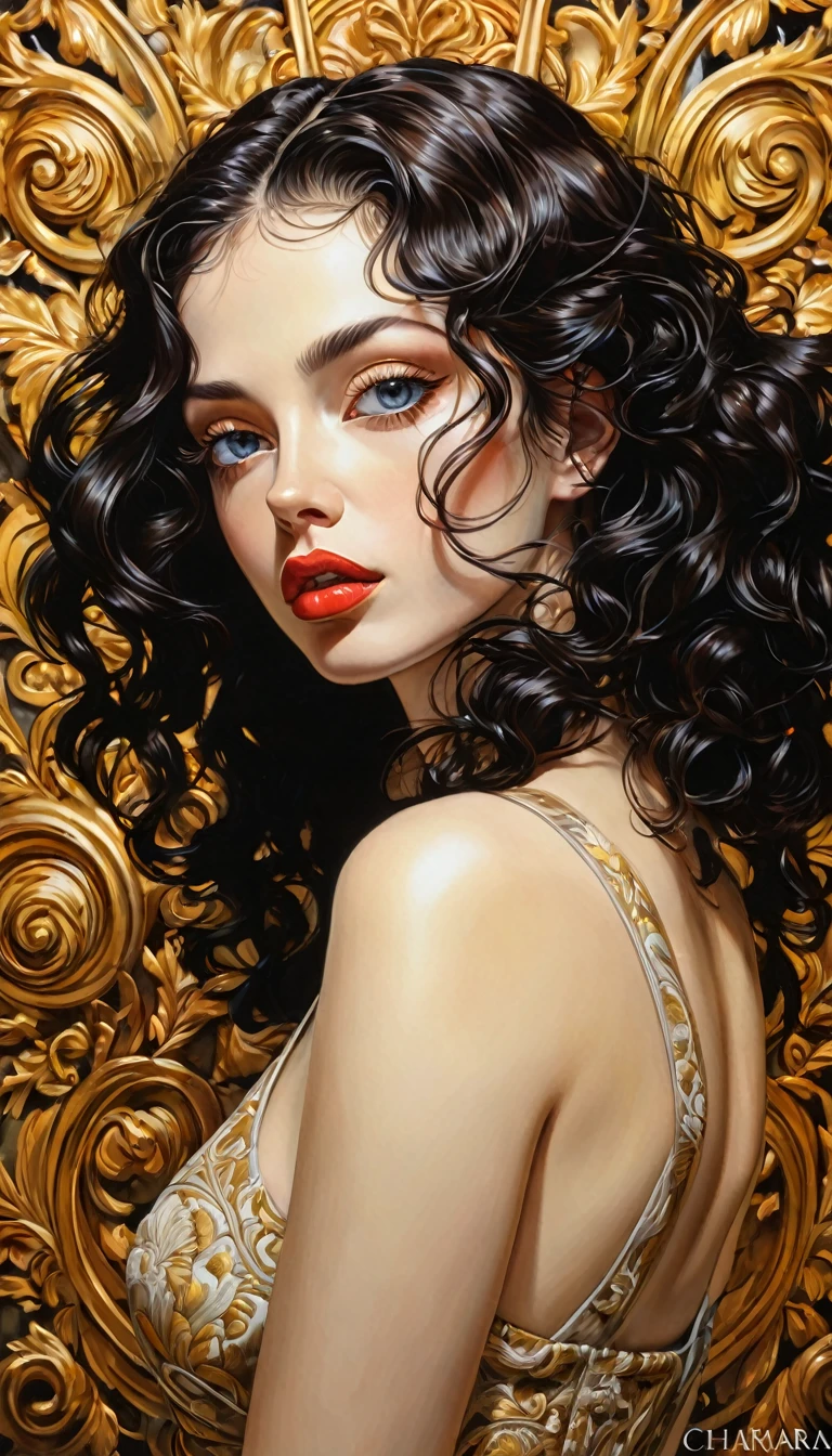 (art inspired by Milo Manara,oil painting,1girl,beautiful detailed eyes,beautiful detailed lips,extremely detailed face and body,long eyelashes,elegant pose,seductive,erotic,sensual,chiaroscuro lighting,warm color palette,dramatic lighting,cinematic composition,baroque style,hyperrealistic,masterpiece,best quality,8k,ultra-detailed,realistic,photorealistic) (best quality,4k,8k,highres,masterpiece:1.2),ultra-detailed,(realistic,photorealistic,photo-realistic:1.37),intricate details,vivid colors,sharp focus,professional,Dave McKean artwork, oil touch of surrealism,oil painting style
