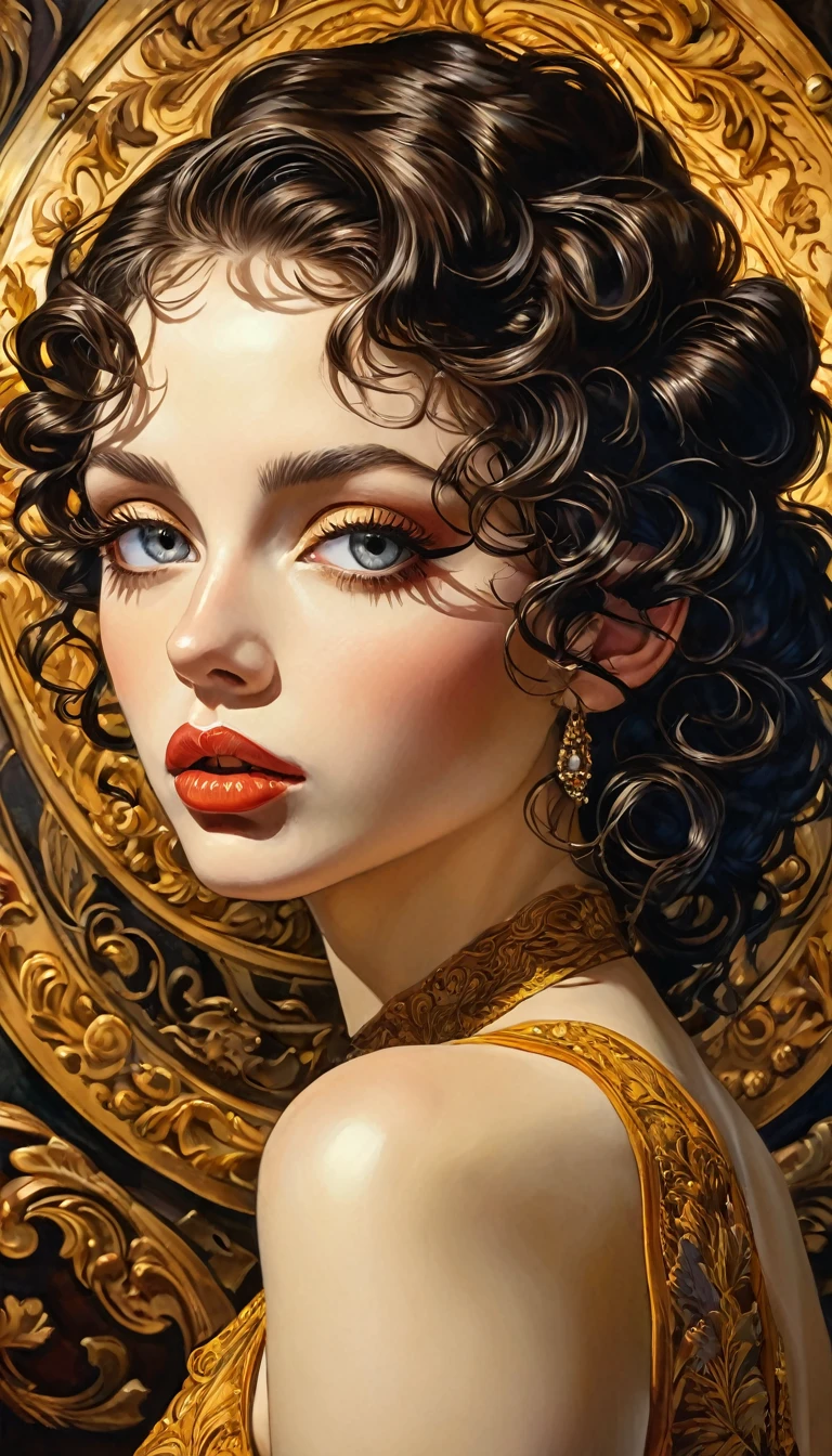 (art inspired by Milo Manara,oil painting,1girl,beautiful detailed eyes,beautiful detailed lips,extremely detailed face and body,long eyelashes,elegant pose,seductive,erotic,sensual,chiaroscuro lighting,warm color palette,dramatic lighting,cinematic composition,baroque style,hyperrealistic,masterpiece,best quality,8k,ultra-detailed,realistic,photorealistic) (best quality,4k,8k,highres,masterpiece:1.2),ultra-detailed,(realistic,photorealistic,photo-realistic:1.37),intricate details,vivid colors,sharp focus,professional,Dave McKean artwork, oil touch of surrealism,oil painting style