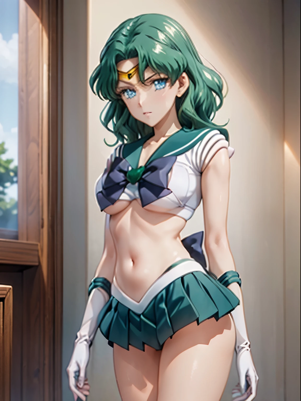 Sailor Neptune, 1 girl, green hair, short hair, blue eyes, detailed eyes, simple background, female focus, alone, standing, Michiru Kaio, portrait, full body, (Masterpiece:1.0), (best quality:1.0), (wallpaper 8k:1.0), (beautiful face detailed:1.0), (deep detailed eyes), deep eyes, looking at viewer, pink bra, white gloves, large breasts, bare abdomen, pink panties, swimming pool in the background,