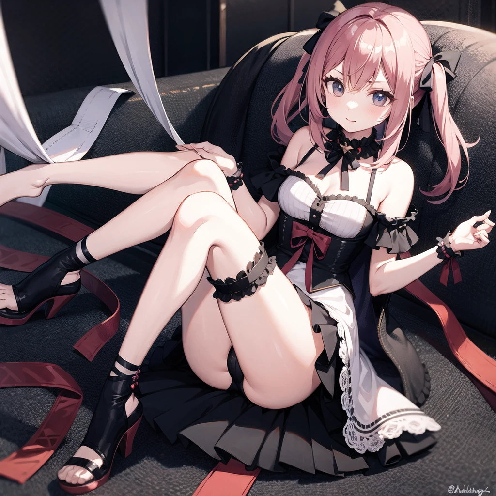 ((Highest quality)), ((masterpiece)), (detailed), One girl, Black frilly outfit, Clothes with ribbons, Half Twin Tail, Crouching, 