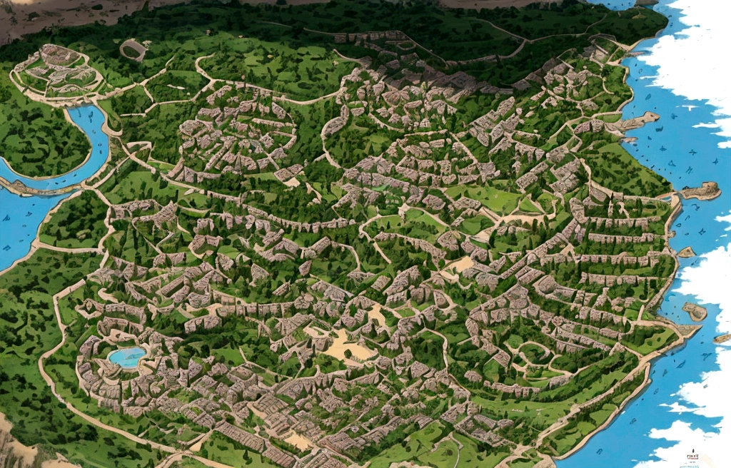 um mapa de uma cidade em ruins, Divided Earth, many roots, sem vida, no plants, destroyed, ruins, worries, vineyards, dead trees, medieval city map, Japan, japanese capital, feud, Japanese, leaves, city map, detailed ruin, wreckage, fantasy city scenery