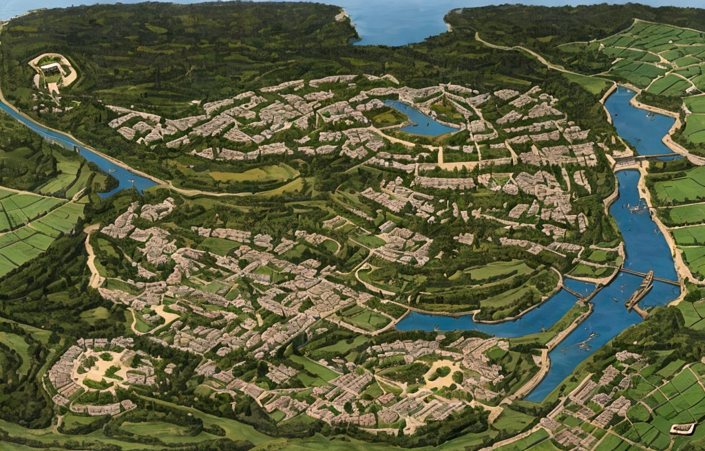 um mapa de uma cidade em ruins, Divided Earth, many roots, sem vida, no plants, destroyed, ruins, worries, vineyards, dead trees, medieval city map, Japan, japanese capital, feud, Japanese, leaves, city map, detailed ruin, wreckage, fantasy city scenery