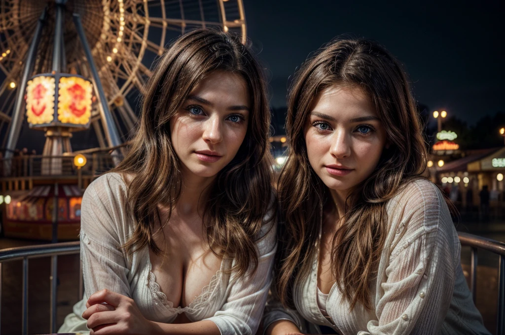 a young white couple, beautiful detailed eyes, beautiful detailed lips, extremely detailed eyes and face, long eyelashes, nordic faces, at pier amusement park, on date, fun atmosphere, top of ferris wheel, snuggling side by side, romantic mood, various carnival lights and rides in background, (best quality,4k,8k,highres,masterpiece:1.2),ultra-detailed,(realistic,photorealistic,photo-realistic:1.37),HDR,UHD,studio lighting,ultra-fine painting,sharp focus,physically-based rendering,extreme detail description,professional,vivid colors,bokeh,portraits,concept artists,warm colors,dramatic lighting