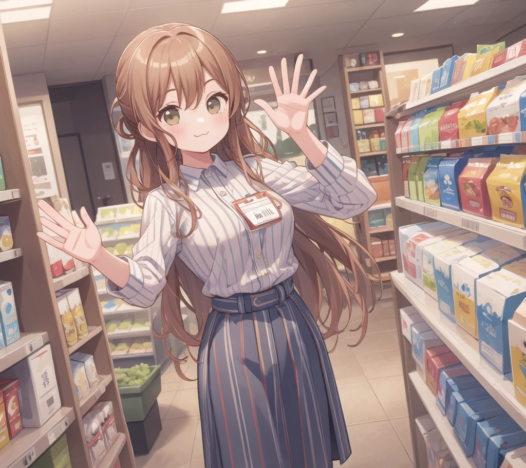 masterpiece, best quality, ultra-detailed, illustration,
konbini, scenery, shop, indoors, LAWSONU, employee uniform, uniform, shop, convenience store, uniform, realistic, employee uniform, striped shirt, smile, striped, food, 1boy, indoors, shirt, id card, vertical stripes, 1girl, holding, long hair, name tag, vertical-striped shirt, (:3:1)
medium breasts, green eyes, brown eyes, waving
 [ponytail:0.5]