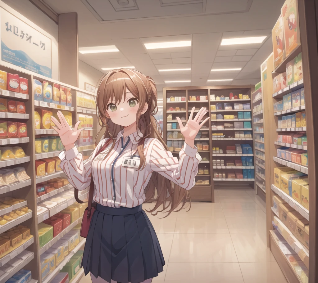 masterpiece, best quality, ultra-detailed, illustration,
konbini, scenery, shop, indoors, LAWSONU, employee uniform, uniform, shop, convenience store, uniform, realistic, employee uniform, striped shirt, smile, striped, food, 1boy, indoors, shirt, id card, vertical stripes, 1girl, holding, long hair, name tag, vertical-striped shirt, (:3:1)
medium breasts, green eyes, brown eyes, waving
 [ponytail:0.5]