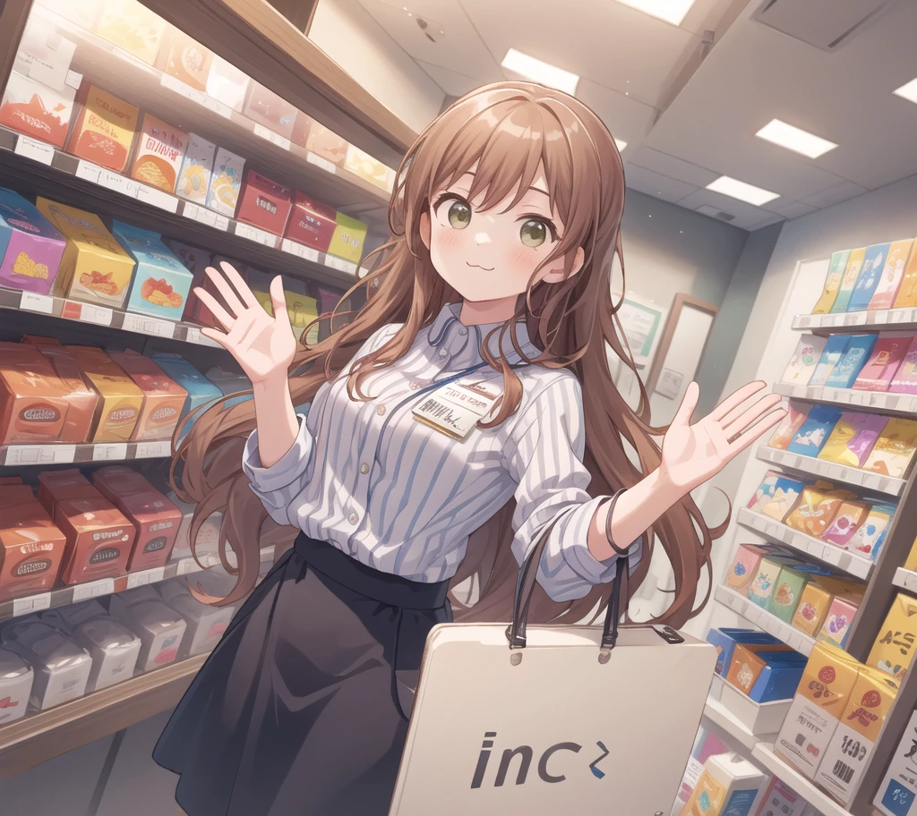 masterpiece, best quality, ultra-detailed, illustration,
konbini, scenery, shop, indoors, LAWSONU, employee uniform, uniform, shop, convenience store, uniform, realistic, employee uniform, striped shirt, smile, striped, food, 1boy, indoors, shirt, id card, vertical stripes, 1girl, holding, long hair, name tag, vertical-striped shirt, (:3:1)
medium breasts, green eyes, brown eyes, waving
 [ponytail:0.5]