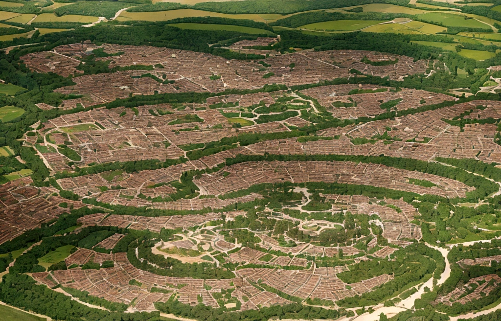 um mapa de uma cidade em ruins, Divided Earth, many roots, sem vida, no plants, destroyed, ruins, worries, vineyards, dead trees, medieval city map, Japan, japanese capital, feud, Japanese, leaves, city map, detailed ruin, wreckage, fantasy city scenery