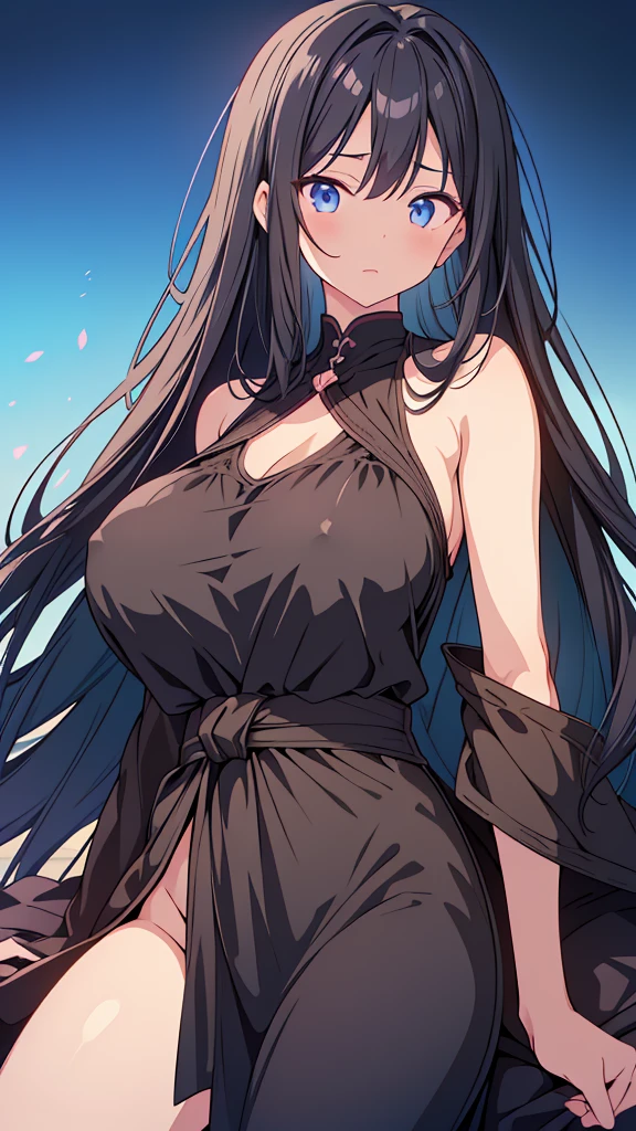best quality, extremely detailed, anime style adult 1girl, long hair down to the waist, straight hair, ((dark black hair with bluish)), beautiful detailed eyes, pinched eyes, dark blue eyes, huge breasts,curvy,bath towe,relax,relax expression,soft smile,dakimakura