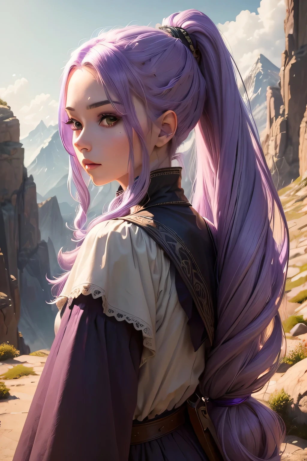 ((best qualityer)), ((work of art)), (detailded), 4K, hight contrast, work of art, 1 rank elfa , glad ,long light purple hair ,ponytail ,in the background magnificent mountains ,similar to the works of JRR Tolkien, clear lighting, detailed shadows