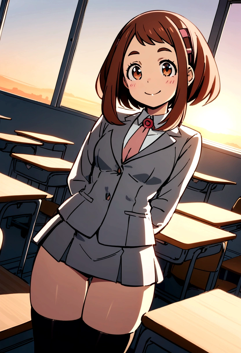 Ochako Uraraka, gray tailored suit, Short skirt, black stockings, medium glutes, medium legs, smiling, Classroom, sunrise