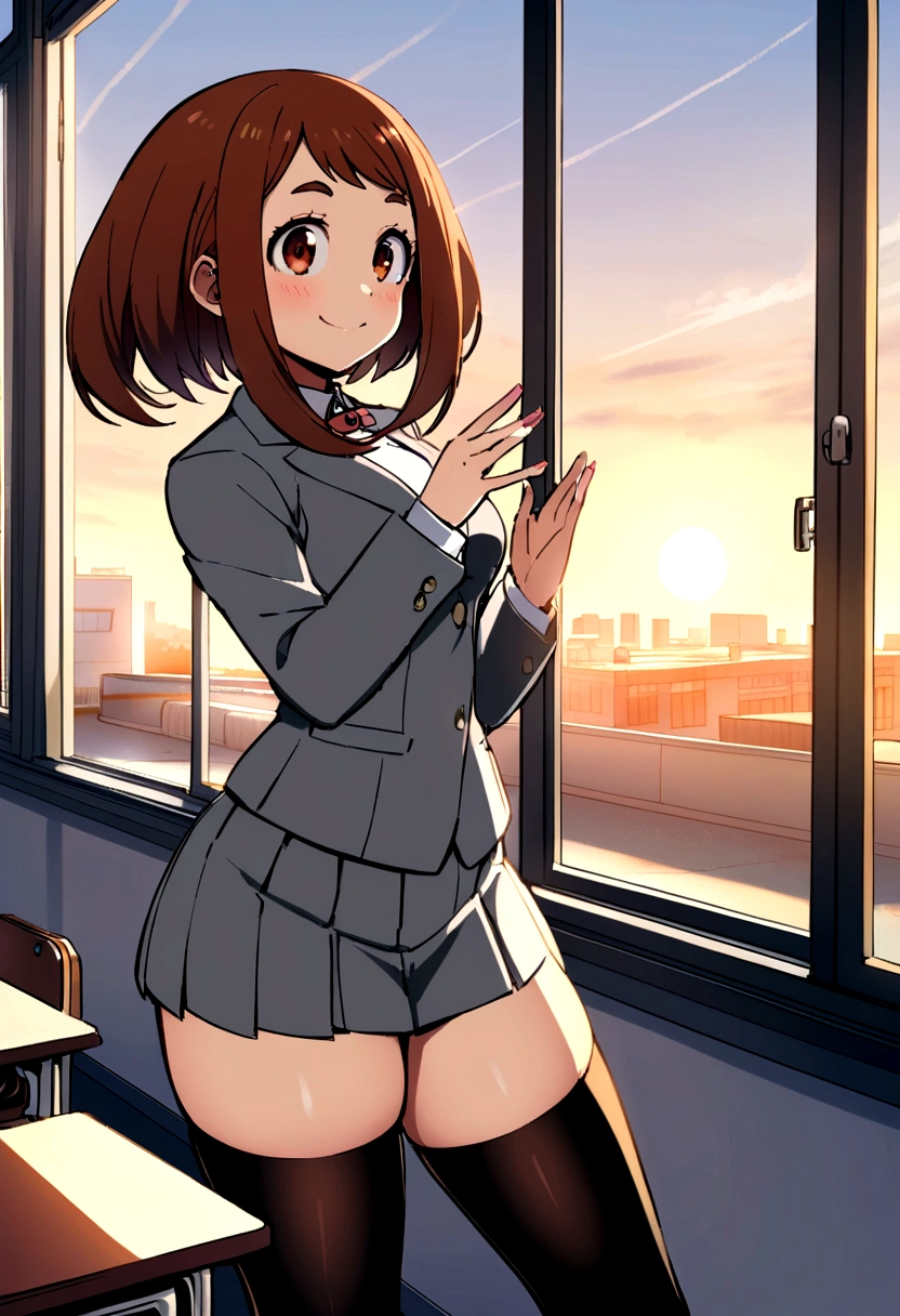 Ochako Uraraka, gray tailored suit, Short skirt, black stockings, medium glutes, medium legs, smiling, Classroom, sunrise