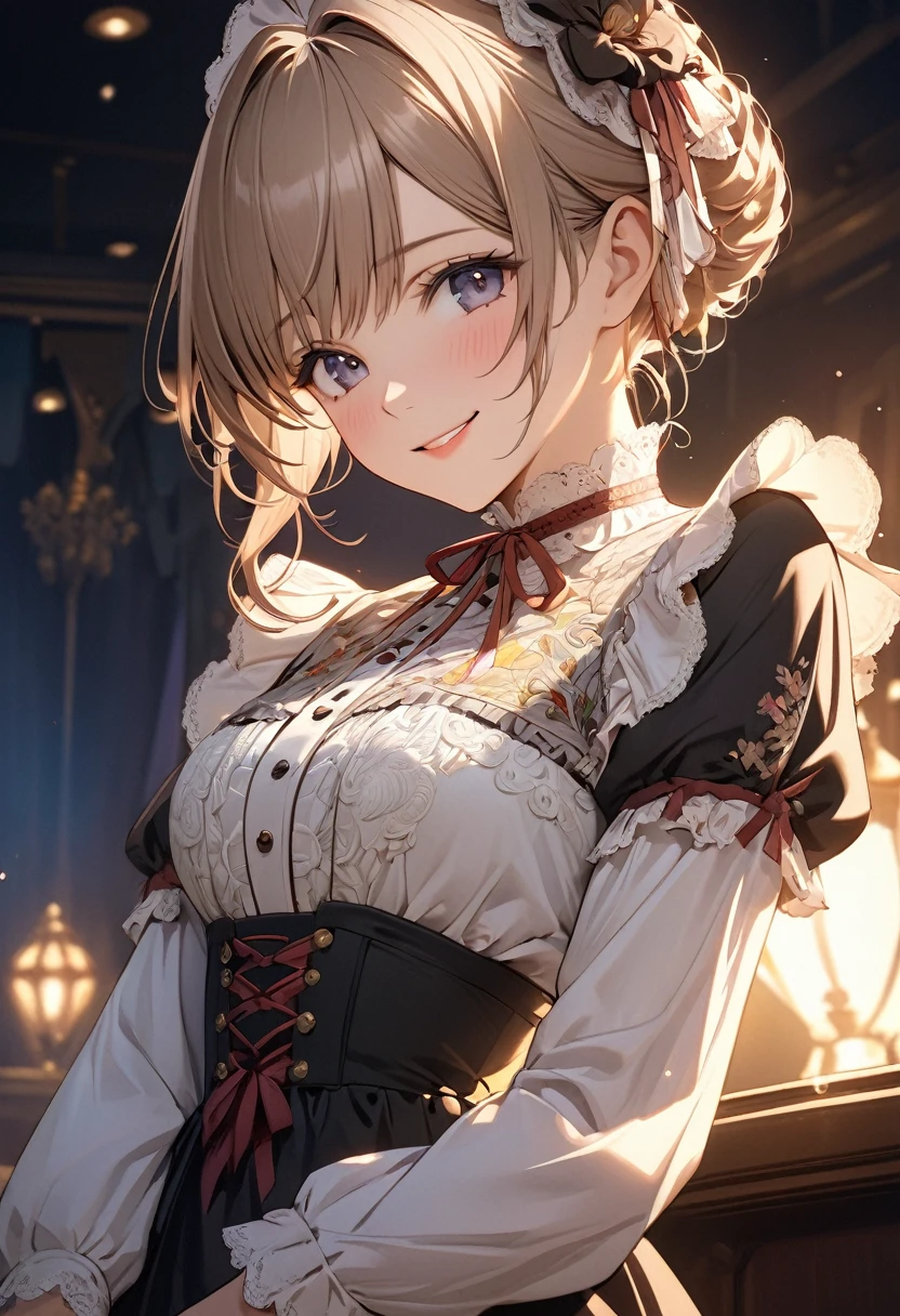 masterpiece、high quality、High resolution、Detailed drawn、Cinema lighting、(One beautiful girl)、Medium chest、smile、Victorian Blouse、Gorgeous embroidery、2.5D