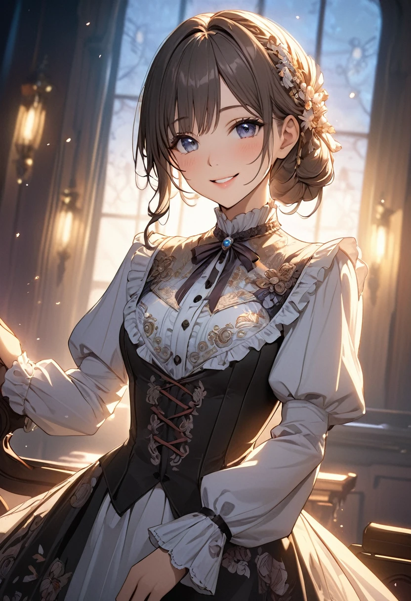 masterpiece、high quality、High resolution、Detailed drawn、Cinema lighting、(One beautiful girl)、Medium chest、smile、Victorian Blouse、Gorgeous embroidery、2.5D