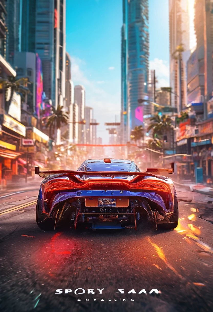 Sports car racing down cyberpunk Miami city, Cyberpunk Car wallpaper, bright sunny day, beautiful cloudy sky, perfect car anatomy and proportions, streets neon signs and debris, exciting epic action camera, masterpiece quality phone wallpaper, sharp details, (masterpiece:1.2) (photorealistic:1.2) (bokeh) (best quality) (intricate) (8k) (HDR) (cinematic lighting) (sharp focus)