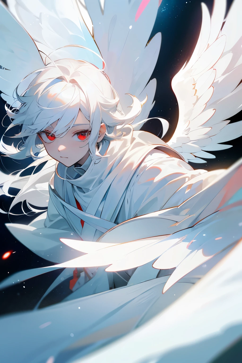 Angel boy, White colored hair, red - eyed, Ancient white clothing, Angel Halo, Angelic white wings, There is hair at the end, White Skin Skin, big white wings, Hanging in space/ High up in the sky, Handsome, High quality, Very detailed,