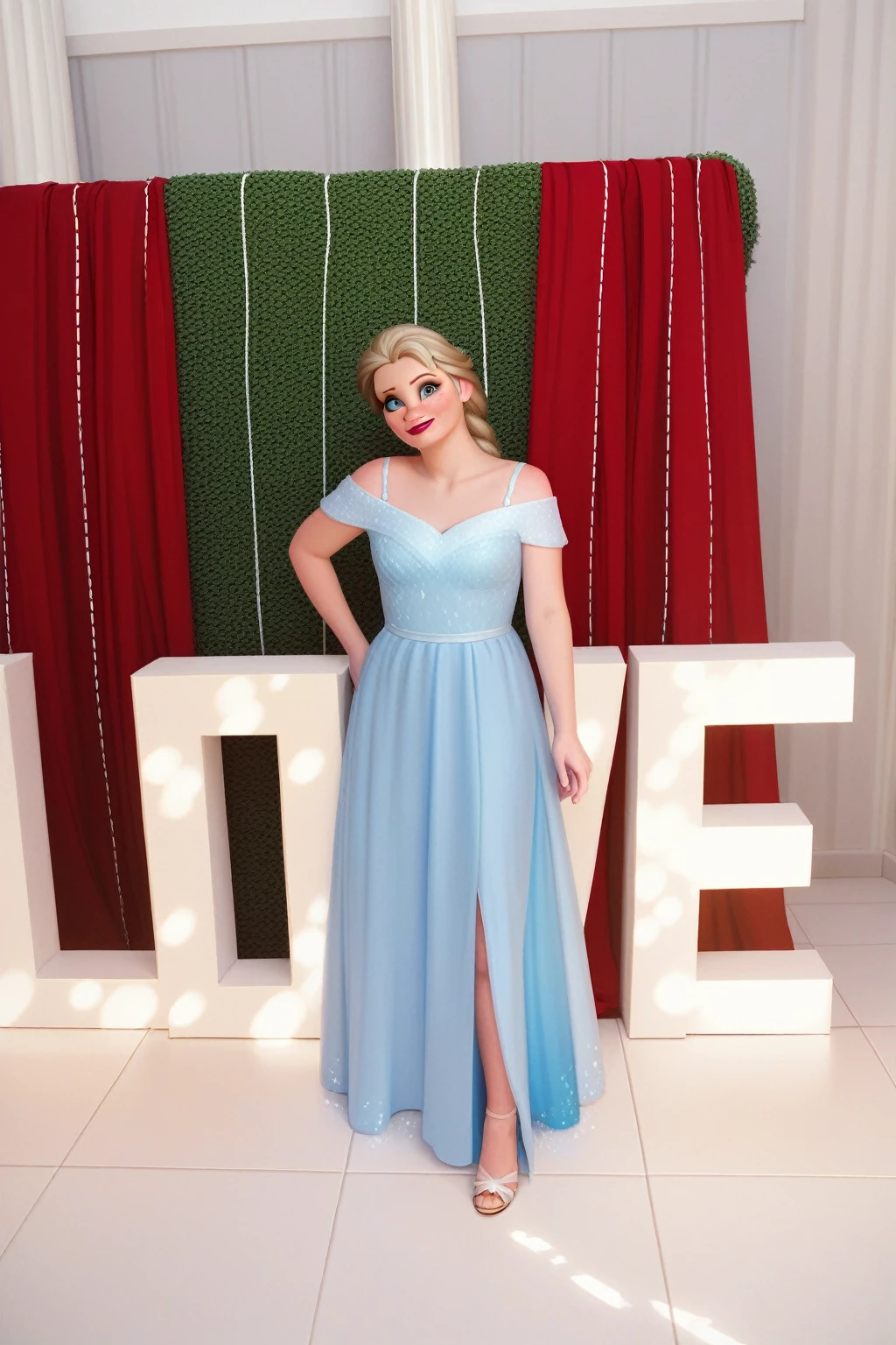 work of art,best qualityer, highy detailed, punctuation_9, punctuation_8_High above, punctuation_7_High above, punctuation_6_High above,fountain_アニメ,BREAK
Elsa, 1 girl, Elsa (frozen), standing alone, blue colored eyes, hair blonde, long hair, don, makeHigh above, freckles, ssmile, lipstick, bared shoulders, flocos de neve, single braid, white don