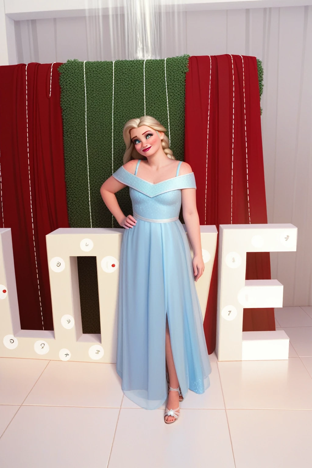 work of art,best qualityer, highy detailed, punctuation_9, punctuation_8_High above, punctuation_7_High above, punctuation_6_High above,fountain_アニメ,BREAK
Elsa, 1 girl, Elsa (frozen), standing alone, blue colored eyes, hair blonde, long hair, don, makeHigh above, freckles, ssmile, lipstick, bared shoulders, flocos de neve, single braid, white don
