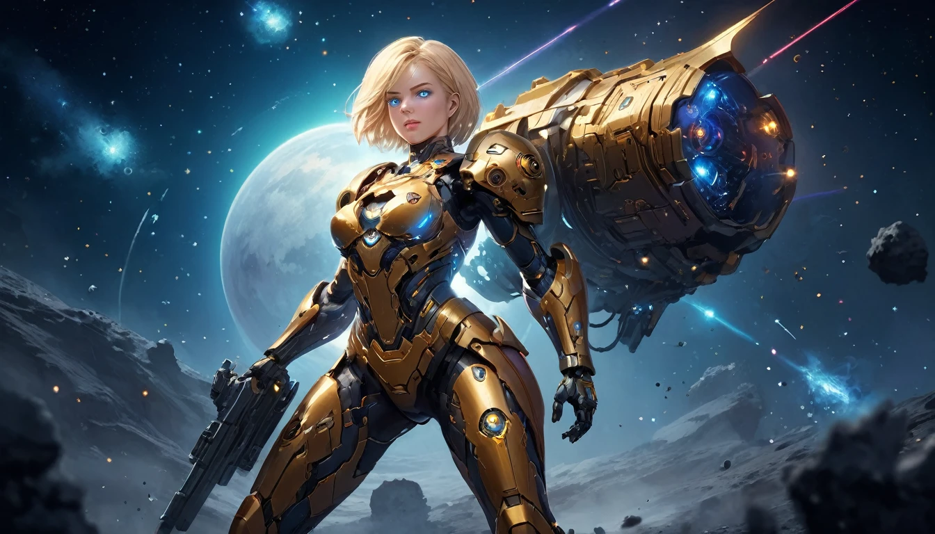 a human female mech warrior in battle on a moon in space, full body shot, action shot, a tough and beautiful female mech warrior, short blond hair, dynamic eye color, intent gaze, ultra detailed face, best detailed face, she wears mech armor, and massive sci-fi gun, in battle, outer space background, stars, vibrant, Ultra-high resolution, High Contrast, (masterpiece:1.5), highest quality, Best aesthetics), best details, best quality, highres, (ultra wide angle: 1.2), 16k, ultra detailed, masterpiece, best quality, (extremely detailed),aetherpunkai, Mechanical Creatures, 