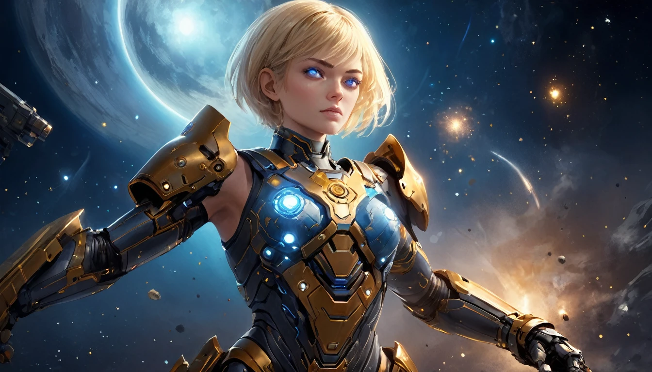 a human female mech warrior in battle on a moon in space, full body shot, action shot, a tough and beautiful female mech warrior, short blond hair, dynamic eye color, intent gaze, ultra detailed face, best detailed face, she wears mech armor, and massive sci-fi gun, in battle, outer space background, stars, vibrant, Ultra-high resolution, High Contrast, (masterpiece:1.5), highest quality, Best aesthetics), best details, best quality, highres, (ultra wide angle: 1.2), 16k, ultra detailed, masterpiece, best quality, (extremely detailed),aetherpunkai, Mechanical Creatures, 