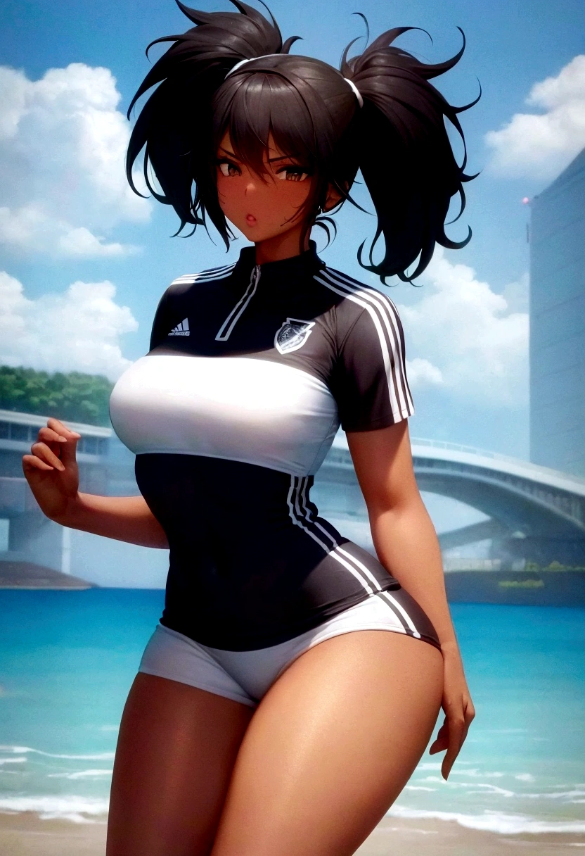 Make me a very athletic black woman wearing sexy soccer player clothes 