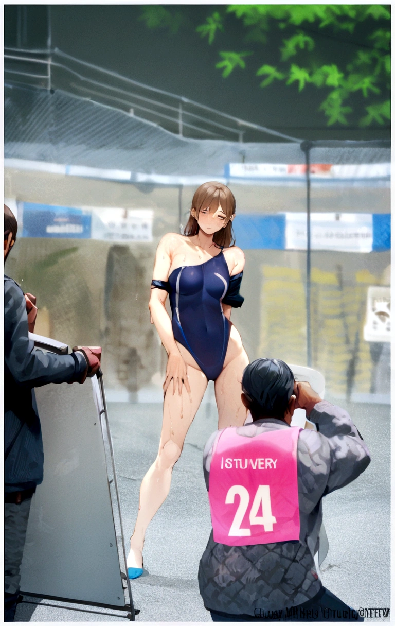 High resolution, high resolution, Attention to detail, masterpiece, Rough skin, Anatomically correct, sharp, Gray background(( Woman, 28 years old)), alone, ( Frowning)、(Strong orgasmal wrinkles, Shapely large breasts, Stright brown hair that reaches the shoulders, Slim figure (((Stand upright, Facing the center of the screen.))), Close your mouth and look ahead with a serious face, ((Cowboy Shot)),((Strong orgasm))Brow wrinkllue bikini,))、((Sweaty skin,Armpits glistening with sweat))Hide your fingers,Hide your fingers from the screen((Open your arms))((There is unshaved armpit hair under the armpits.、My armpits are sweaty and shiny),Small Head,