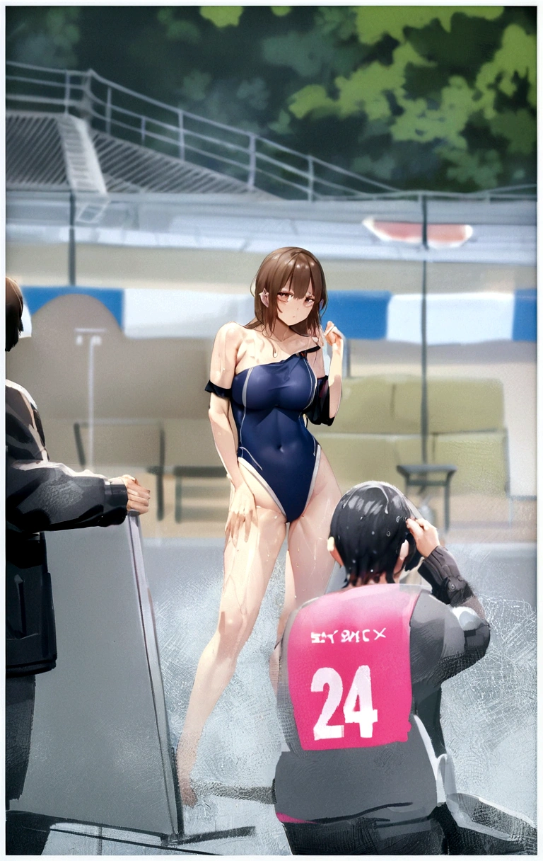 High resolution, high resolution, Attention to detail, masterpiece, Rough skin, Anatomically correct, sharp, Gray background(( Mature Woman, 28 years old)), alone, ( Frowning)、(Strong orgasm)、Facial wrinkles, Shapely large breasts, Straight light brown hair that reaches the shoulders, Slim figure (((Stand upright, Facing the center of the screen.))), Close your mouth and look ahead with a serious face, ((Cowboy Shot)),((Strong orgasm))Brow wrinkles、((blue bikini,))、((Sweaty skin,Armpits glistening with sweat))Hide your fingers,Hide your fingers from the screen((Open your arms))((There is unshaved armpit hair under the armpits.、My armpits are sweaty and shiny),Small Head,