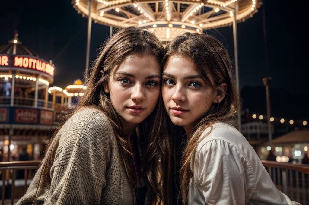 a young white man and young white woman, beautiful detailed eyes, beautiful detailed lips, extremely detailed eyes and face, long eyelashes, nordic faces, at pier amusement park, on date, fun atmosphere, top of ferris wheel, snuggling side by side, romantic mood, various carnival lights and rides in background, (best quality,4k,8k,highres,masterpiece:1.2),ultra-detailed,(realistic,photorealistic,photo-realistic:1.37),HDR,UHD,studio lighting,ultra-fine painting,sharp focus,physically-based rendering,extreme detail description,professional,vivid colors,bokeh,portraits,concept artists,warm colors,dramatic lighting