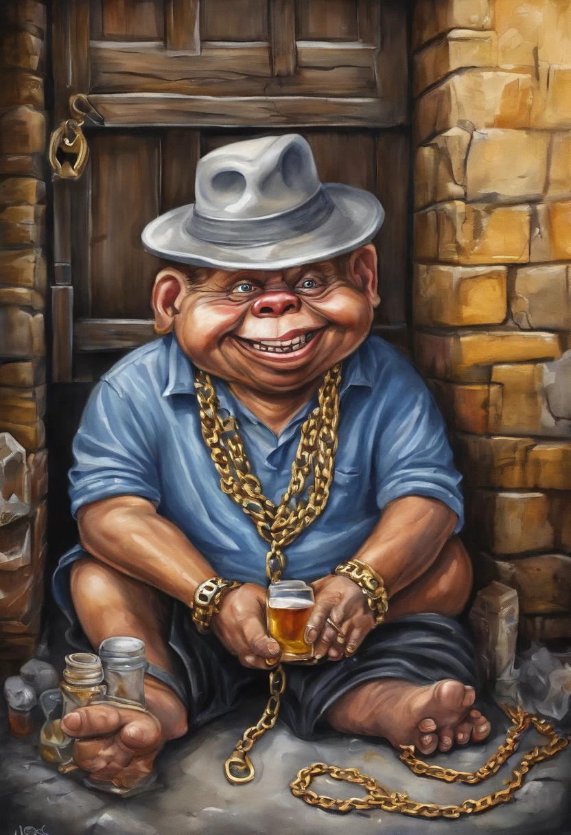 ((guy in florida sitting in an alley with a liquor bottle in his hand and gold chains around his neck, garbage pail kids style)), black to white gradient background, 3d cartoon, high quality, detailed,