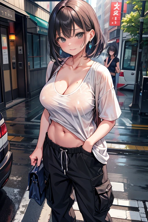 ピンクの髪、ショートヘアの女の子, stylish girl, fashion,
young face, Embarrassed face,
earrings,
baggy cargo pants,
gravure,
Rainy streets、濡れた T-shirt、Big Breasts Emphasize cleavage、Trained abdominal muscles、Erect nipples、濡れた髪、濡れた体